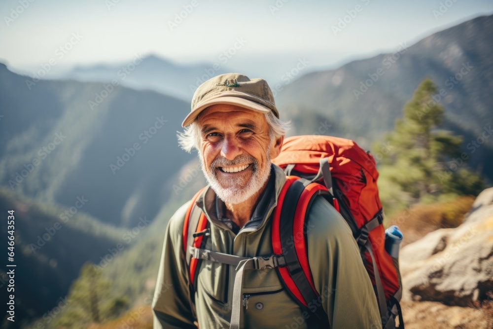 Smiling portrait of a happy senior caucasian male hiker hiking in the mountains and forests