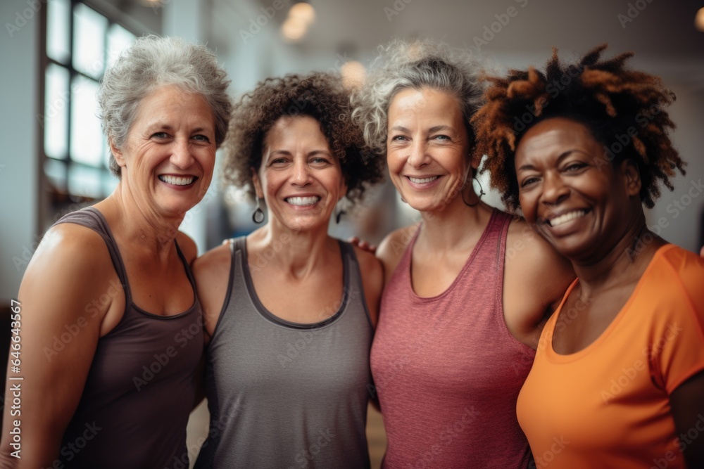 Smiling portrait of a group of senior women in sports clothes in a gym