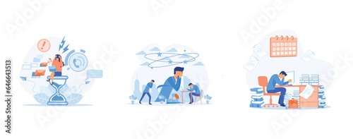 Stress in the office. Rush work. Deadline, Tired and exasperated office worker among piles of papers and documents. set flat vector modern illustration