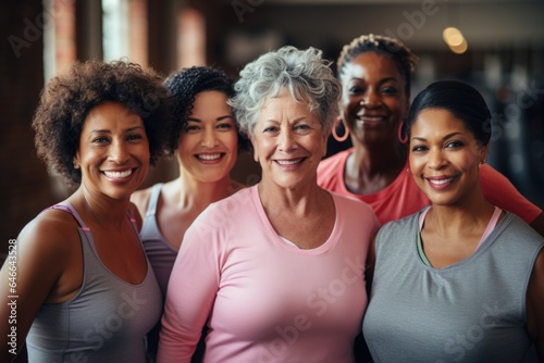 Smiling portrait of a group of senior women in sports clothes in a gym © Geber86