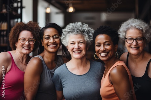 Smiling portrait of a group of senior women in sports clothes in a gym © Geber86