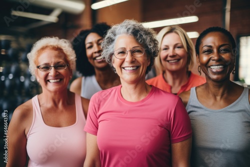 Smiling portrait of a group of senior women in sports clothes in a gym