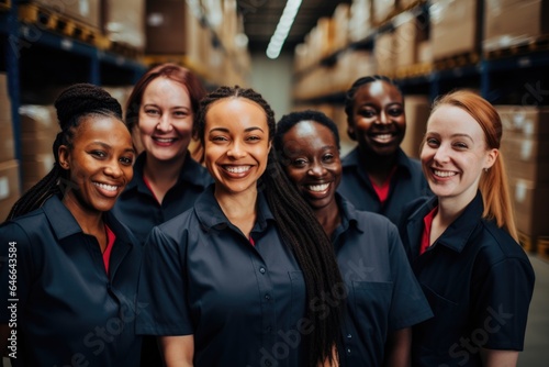 Smiling portrait of a young and diverse group of female warehouse workers and managers working in a warehouse
