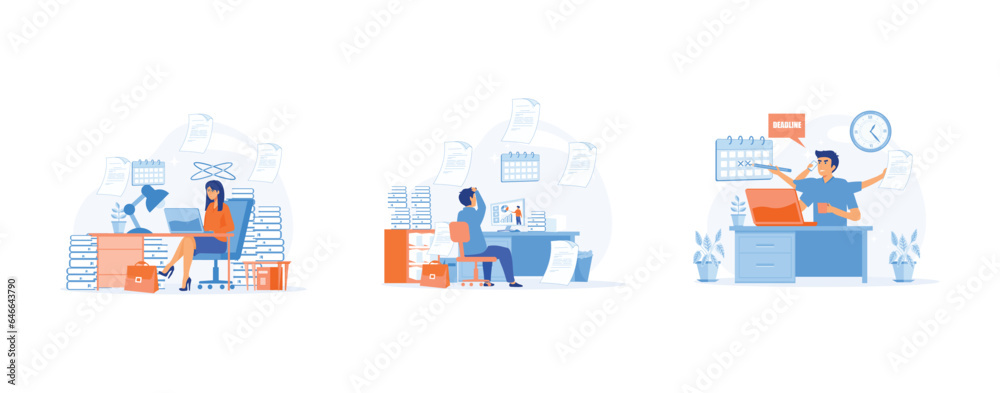 Overworked An Office Worker Overwhelmed by Work, sit on the chair among pile of document. set flat vector modern illustration Overworked An Office Worker Overwhelmed by Work, sit on the chair among pile of document. set flat vector modern illustration