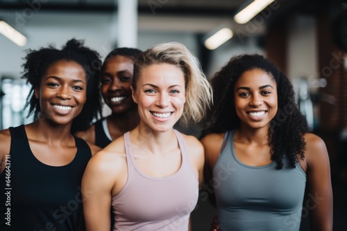 Smiling portrait of a happy young and diverse group of women in sports clothes in the gym