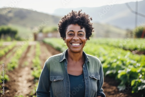 Smiling portrait of a middle aged african american female farmer working on a farm field photo