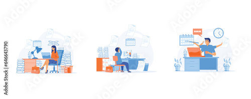 Overworked An Office Worker Overwhelmed by Work, sit on the chair among pile of document. set flat vector modern illustration 