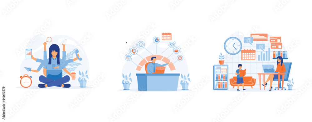 Multitasking.Time management. productivity,  house work and business career. Overloaded person in pressure. set flat vector modern illustration 