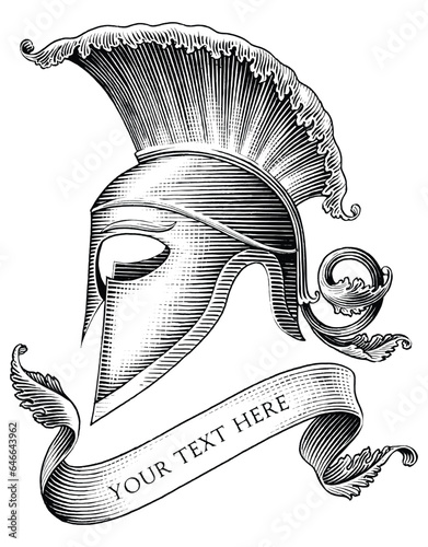 Roman soldier helmet with banner hand draw vintage engraving style black and white clip art photo