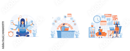 Multitasking.Time management. productivity, house work and business career. Overloaded person in pressure. set flat vector modern illustration 
