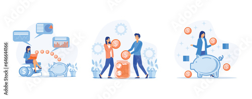 Finance Savings Concept, young woman study financial management, Family couple saving money, girl putting money or coins into a piggy bank. set flat vector modern illustration