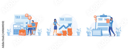 Tax preparation concept. Corporate tax, taxable income, fiscal year, document preparation, payment planning. set flat vector modern illustration 