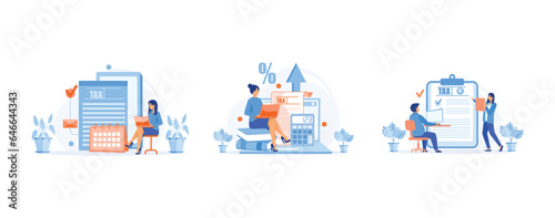 Taxation planning concept. Characters using tax calendar to filling tax declaration form online, set flat vector modern illustration