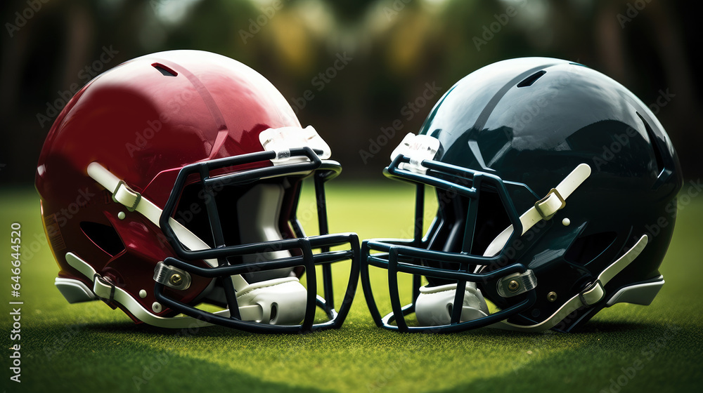 A red and dark green football helmet facing each other, Signifying a versus match on a football field. A red and dark green football helmet facing each other, Signifying a versus match on a football field.