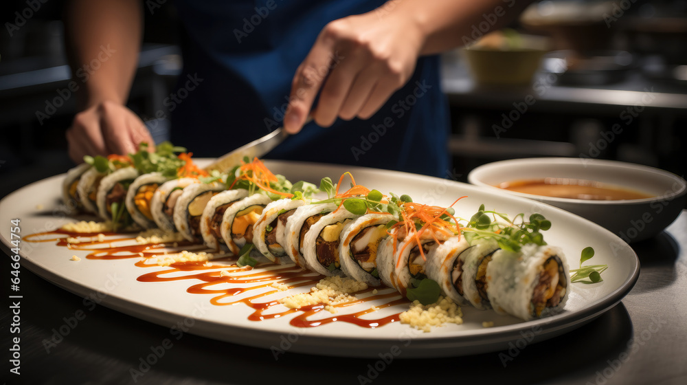 A sushi chef expertly rolling a dragon roll with precision at restaurant.
