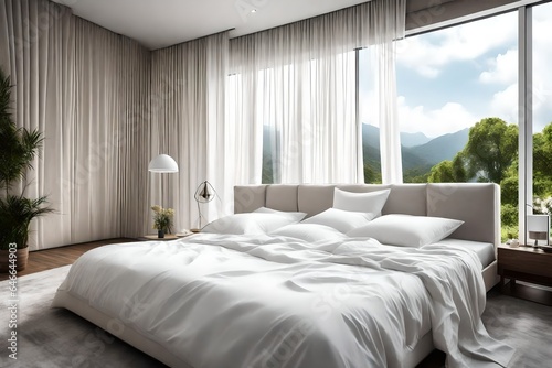 one luxery bed of white  colour covered, big size of LED on the wall of one side,  out side view of natue out side the window, the wall is coverd by curtain . photo