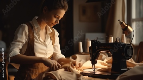 Female tailor using a sewing machine in her studio, Designer, Elegant.