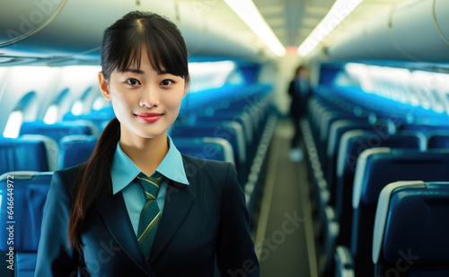 Asian woman flight attendant, Female airline stewardess at Airplane.