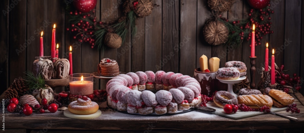 Christmas table adorned with homemade sweets and wreath.