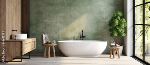 Japandi bathroom with wooden tones  freestanding bathtub  big window  concrete walls  and parquet flooring. Farmhouse-inspired interior design.