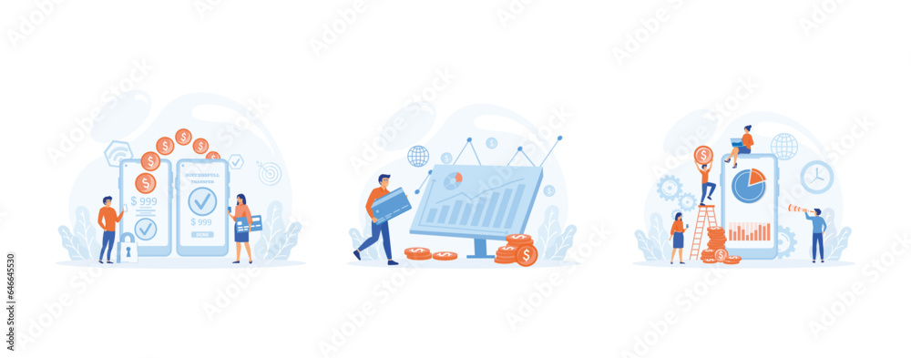Banking service, successful contact less payment transaction. Virtual finance, analyzes bank data. NFC payment system. set flat vector modern illustration  