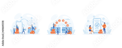 Financial transactions. NFC payment system, money transfer, mobile banking service. set flat vector modern illustration 