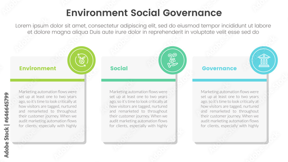 esg environmental social and governance infographic 3 point stage template with big square box with small circle as badge concept for slide presentation