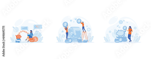 Finance Savings Concept, A young woman fulfill financial savings. Family couple saving money. finance management. set flat vector modern illustration