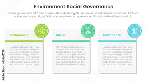 esg environmental social and governance infographic 3 point stage template with big square box with small circle as badge concept for slide presentation