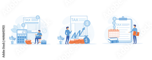 Tax preparation concept. Corporate tax, taxable income, fiscal year, document preparation, payment planning. set flat vector modern illustration