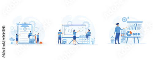 financial management concepts. Accounting, business plan. Business planning, teamwork communication. set flat vector modern illustration