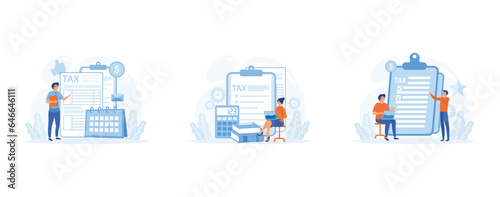 Taxation planning concept. Characters using tax calendar to filling tax declaration form online and with financial advisor. set flat vector modern illustration