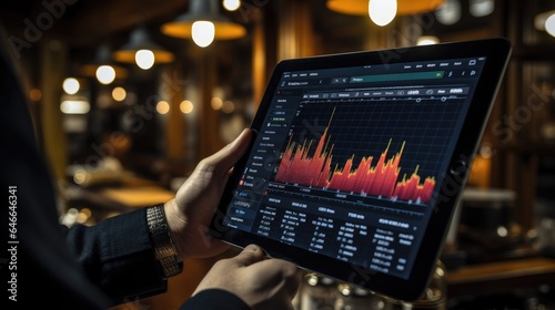 Hand holding a tablet with stock exchange charts background, Finance investment concept.
