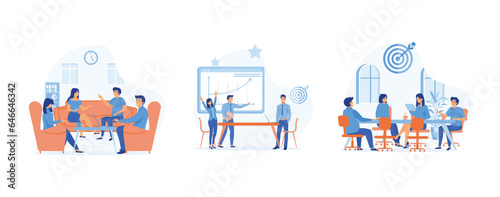  teamwork concept. working together at office, Professional recognition, business people having a meeting.  set flat vector modern illustration  