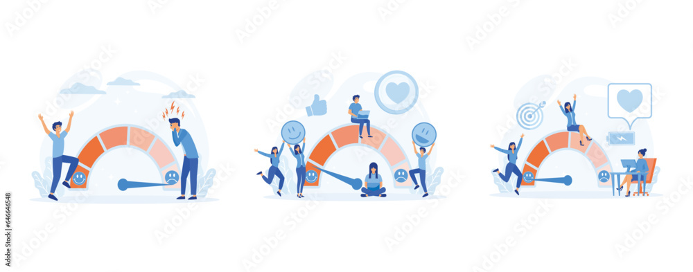 Concept of Client Feedback, Consumer Online report. User Experience. Low Stress level, good mood indicator, set flat vector modern illustration 