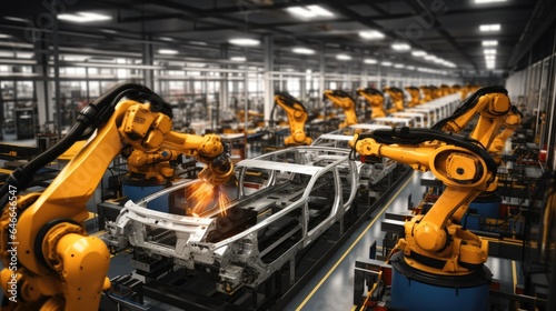 Many robotic arms doing welding on car metal body in manufacturing plant, Cars on production line in smart factory. © visoot