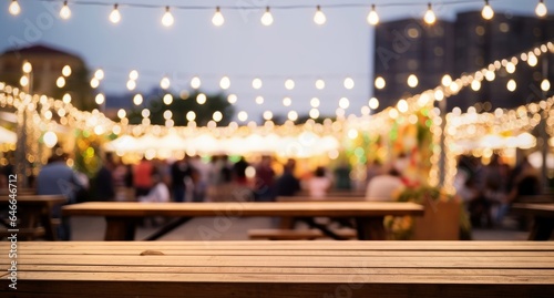 Image of wooden table in front of decorative outdoor string lights bulb in night market with blur people, Festival and holiday concepts, can used for display or montage your, Generative AI