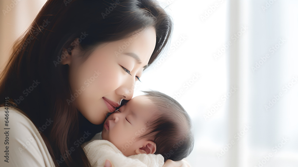 Portrait of young beautiful mother kissing her newborn baby, asian mother holding and touching noses with her baby in the bedroom. Love of family concept Portrait of young beautiful mother kissing her newborn baby, asian mother holding and touching noses with her baby in the bedroom. Love of family concept
