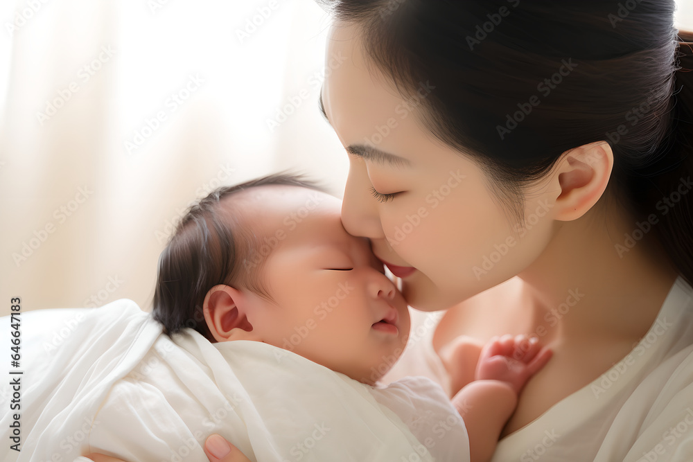 Portrait of young beautiful mother kissing her newborn baby, asian mother holding and touching noses with her baby in the bedroom. Love of family concept Portrait of young beautiful mother kissing her newborn baby, asian mother holding and touching noses with her baby in the bedroom. Love of family concept