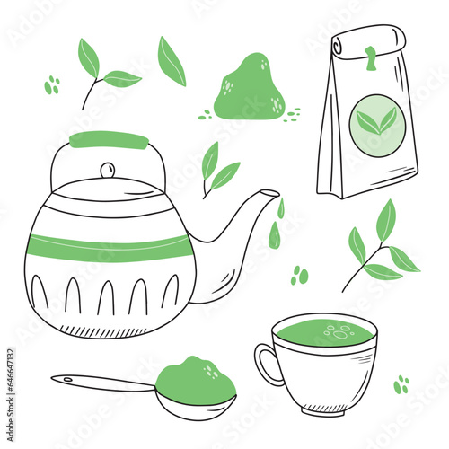 Chinese ethnic and national tea ceremony. Matcha. Tea drinking traditions. Decorative elements for your design. Vector illustration in doodle style on a white background.