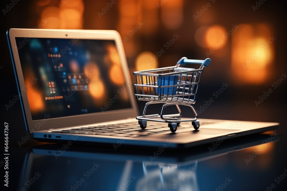 Online shopping concept with miniature shopping cart standing on laptop.