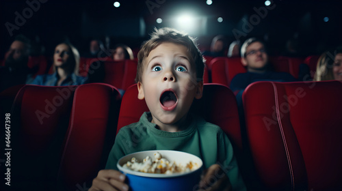 a little boy with an astonished and surprised look on his face while watching a movie in a cinema. Children sit on a red sofa enjoying a movie