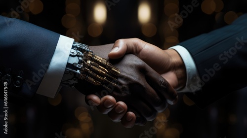 Powerful image of a handshake, The synergy of man and machine in the world of business and technology. © visoot