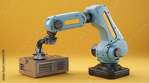 Robot arm for manufacturing industrial plant on yellow background. Technology and futuristic concept, Robotic arms packing box.