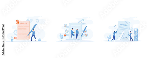 Contract  Agreement, People signing paper contract, Cancellation of a contract, set flat vector modern illustration 