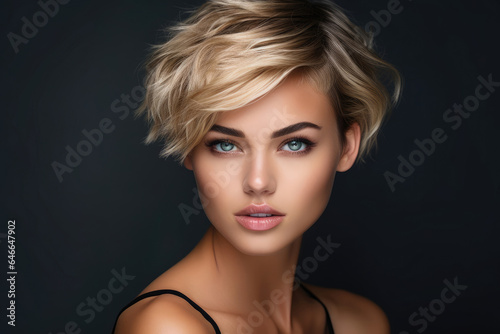 Young woman with short haircut styling closeup