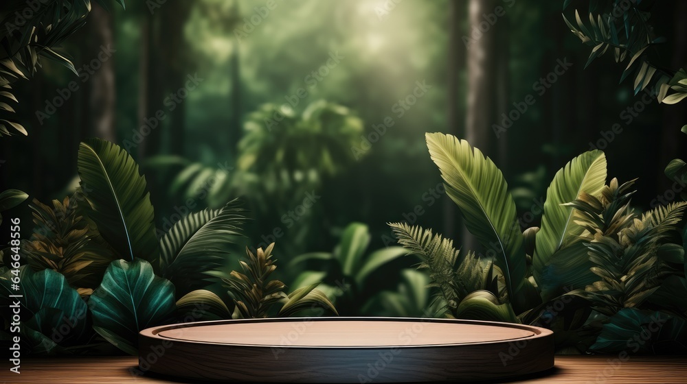 Wooden podium for product display and presentation with leaves and trees background. Wooden podium for product display and presentation with leaves and trees background.