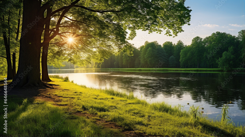 Peaceful forest and pond, spring or summer landscape Peaceful forest and pond, spring or summer landscape