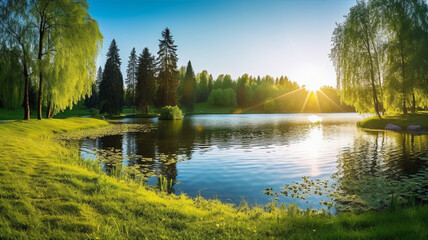 Peaceful forest and pond, spring or summer landscape