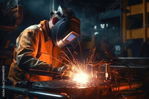 A welder wearing a protective mask uses welding equipment to connect metal parts in a workshop.